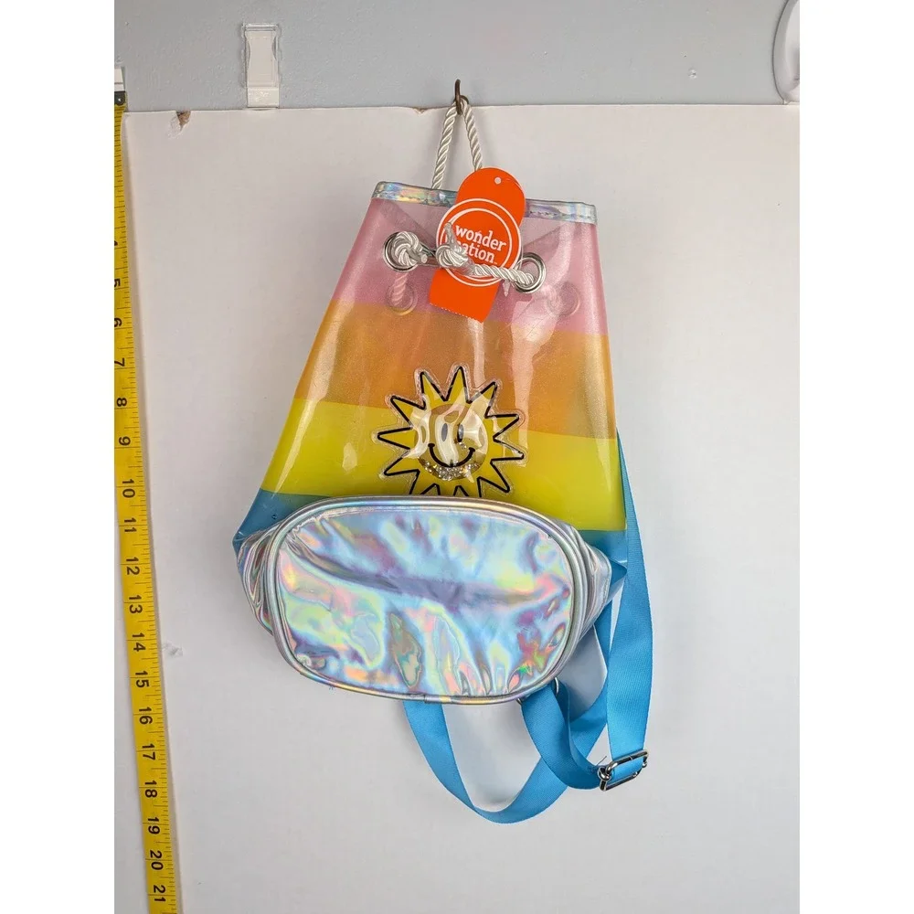 Wonder Nation Kids Rainbow Clear PVC Drawstring Backpack Holographic Sun NWT
